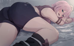 Rule 34 | 1girl, armlet, ass, bad id, bad pixiv id, bed, bike shorts, female focus, final fantasy, final fantasy xiii, highres, huge ass, lightning farron, looking at viewer, lying, misaki nonaka, open mouth, pink hair, short shorts, shorts, solo