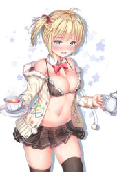 Rule 34 | 1girl, ahoge, blonde hair, blush, bra, breasts, brown skirt, cenangam, collar, cowboy shot, frilled bra, frills, girls&#039; frontline, green eyes, holding, holding plate, looking at viewer, medium breasts, navel, nose blush, open clothes, plate, pleated skirt, red neckwear, shirt, short hair, skirt, smile, solo, standing, stomach, taut clothes, taut shirt, tea, thighhighs, twintails, underwear, welrod mkii (girls&#039; frontline), zettai ryouiki