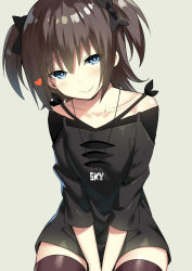 Rule 34 | 1girl, between legs, black dress, black thighhighs, blue eyes, bow, bright pupils, brown hair, character name, closed mouth, collarbone, cowboy shot, dress, grey background, hair bow, hand between legs, head tilt, heart, highres, jewelry, looking at viewer, medium hair, necklace, off-shoulder dress, off shoulder, original, short dress, simple background, sitting, sky-freedom, sky (sky-freedom), smile, solo, thighhighs, two side up
