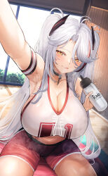Rule 34 | 1girl, antenna hair, azur lane, black choker, blush, bottle, breasts, breath, choker, cleavage, covered erect nipples, highres, huge breasts, indoors, licking lips, long hair, looking at viewer, midriff, mole, mole on breast, multicolored hair, navel, number print, official alternate costume, prinz eugen (azur lane), prinz eugen (brilliant touchdown) (azur lane), reaching, reaching towards viewer, red hair, red shorts, see-through silhouette, shorts, sitting, smile, solo, steaming body, streaked hair, tongue, tongue out, two side up, water bottle, yusha m