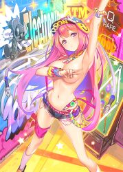Rule 34 | 1girl, :&lt;, arm up, armpits, covering privates, covering breasts, denim, denim shorts, graffiti, hat, jewelry, long hair, looking at viewer, navel, necklace, official art, pink hair, popqn, qurare magic library, short shorts, shorts, solo, standing, suspenders, suspenders slip, topless