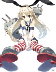 Rule 34 | 1girl, bare shoulders, between legs, black panties, blonde hair, blush, brown eyes, commentary request, elbow gloves, flat chest, foreshortening, full body, gloves, hair ribbon, hand between legs, highleg, highleg panties, highres, kantai collection, long hair, looking at viewer, nakamura takeshi, navel, panties, rensouhou-chan, ribbon, sailor collar, shimakaze (kancolle), simple background, sitting, skirt, solo, striped clothes, striped thighhighs, thighhighs, underwear, v arms, white background, white gloves