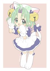 Rule 34 | :d, absurdres, ahoge, animal ears, animal hands, apron, bad id, bad twitter id, bell, border, bow, cat ears, cat tail, character name, commentary, dejiko, di gi charat, donguri suzume, dress, full body, gloves, green eyes, green hair, hair bell, hair ornament, highres, jingle bell, looking at viewer, maid apron, open mouth, parted bangs, paw gloves, paw shoes, puffy short sleeves, puffy sleeves, purple bow, purple dress, short hair, short sleeves, smile, solo, tail, tail bow, tail ornament, white apron, white border, white gloves
