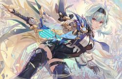 Rule 34 | 1girl, black thighhighs, blue hair, breasts, cape, chain, commentary, csyday, english commentary, eula (genshin impact), feathers, frilled sleeves, frills, genshin impact, gloves, greatsword, hair ornament, hairband, holding, holding sword, holding weapon, long hair, long sleeves, looking at viewer, medium breasts, necktie, open mouth, purple eyes, solo, sparkle, sword, thighhighs, thighs, vision (genshin impact), weapon, yellow eyes