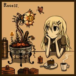 Rule 34 | blonde hair, bug, butterfly, cake, flower, food, fork, gia, insect, long hair, original, sepia, solo, tea