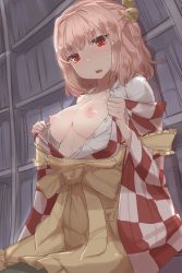Rule 34 | 1girl, apron, bell, book, bookshelf, breasts, buttons, checkered clothes, checkered kimono, commentary request, hair bell, hair ornament, hands up, highres, indoors, japanese clothes, jingle bell, kaizu (kaizukurodai), kimono, long sleeves, looking at viewer, medium breasts, motoori kosuzu, nipples, no bra, open clothes, open shirt, pink hair, red eyes, shirt, solo, touhou, undressing, white shirt, wide sleeves