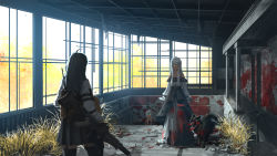 Rule 34 | 3girls, abandoned, ahoge, assault rifle, bag, black hair, black legwear, black skirt, blood, blood on clothes, blood stain, blue eyes, braid, chinese commentary, commentary request, dress, gloves, glowing, glowing eyes, grass, gun, highres, holding, long hair, long sleeves, multiple girls, original, plant, pleated skirt, rifle, scenery, shirt, skirt, thighhighs, torn clothes, torn dress, weapon, white dress, white hair, white shirt, wolf, xingzhi lv