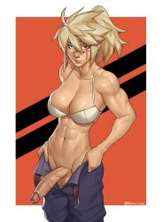 Rule 34 | 1girl, abs, ahoge, belt, biceps, black pants, blanclauz, blonde hair, blue eyes, border, bra, breasts, commentary, commission, cross scar, english commentary, erection, fingernails, futanari, g (golgo), heterochromia, highres, large breasts, large penis, lips, long hair, looking at viewer, muscular, muscular female, navel, no panties, non-web source, nose, open belt, open fly, orange background, original, outside border, pants, penis, ponytail, purple eyes, scar, scar across eye, scar on face, scar on nose, second-party source, solo, testicles, twitter username, uncensored, underwear, veins, veiny penis, white border, white bra