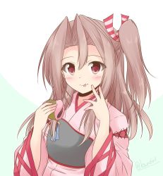 Rule 34 | 1girl, alternate color, alternate hairstyle, brown eyes, brown hair, commentary request, food, hachimaki, headband, holding, holding food, japanese clothes, kantai collection, long hair, muneate, one side up, sakura mochi, shizuna kaede, solo, tongue, tongue out, two-tone background, upper body, wagashi, zuihou (kancolle)