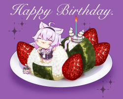 Rule 34 | 1girl, :3, ahoge, animal ear fluff, animal ears, black shirt, blush, candle, cat, cat ears, cat girl, cat tail, chaki (teasets), chibi, closed eyes, closed mouth, commentary request, crop top, food, food on face, fruit, hair between eyes, hairband, happy birthday, highres, hololive, in food, mini person, minigirl, nekomata okayu, nekomata okayu (casual), nori (seaweed), onigiri, oversized object, plate, purple background, purple hair, rice, rice on face, shirt, silver hair, smile, sparkle, strawberry, tail, upside-down, virtual youtuber