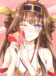 Rule 34 | 10s, 1girl, bad id, bad pixiv id, bare shoulders, blue eyes, blush, brown hair, candy, chocolate, chocolate heart, detached sleeves, double bun, food, hair ornament, hairband, headgear, heart, japanese clothes, kanden sky, kantai collection, kongou (kancolle), long hair, nontraditional miko, one eye closed, personification, smile, solo, wink