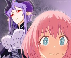 Rule 34 | 2girls, @ @, blue eyes, blush, breasts, hair between eyes, homare (princess connect!), looking at viewer, multiple girls, pink hair, pointy ears, princess connect!, seryu oekaki, simple background, wavy mouth, yui (princess connect!)