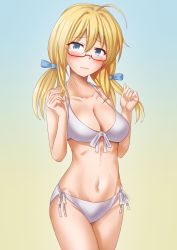 Rule 34 | 1girl, ahoge, anti (untea9), bare arms, bare legs, bare shoulders, bikini, blonde hair, blue background, blue eyes, blush, breasts, cleavage, closed mouth, collarbone, cowboy shot, glasses, gradient background, hair between eyes, highres, i-8 (kancolle), kantai collection, large breasts, long hair, navel, red-framed eyewear, semi-rimless eyewear, solo, swimsuit, white bikini, yellow background