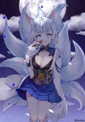 Rule 34 | 1girl, animal ears, azur lane, backlighting, blue eyes, blue skirt, blunt bangs, blush, breasts, cleavage, closed mouth, fox ears, fox mask, fox tail, full moon, hakama, hakama short skirt, hakama skirt, highres, japanese clothes, kaga (azur lane), large breasts, long sleeves, looking at viewer, mask, moon, multiple tails, night, reel (riru), short hair, silver hair, skirt, smile, solo, tail, wide sleeves
