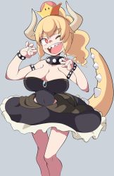 Rule 34 | 1girl, armlet, bare shoulders, black collar, black dress, blonde hair, bowsette, bracelet, breasts, cleavage, collar, covered navel, crown, dress, feet out of frame, frilled dress, frills, grey background, highres, horns, jewelry, large breasts, long hair, mario (series), nail polish, new super mario bros. u deluxe, nintendo, one eye closed, open mouth, ponytail, popopo, red eyes, sharp teeth, simple background, smile, solo, spiked armlet, spiked bracelet, spiked collar, spiked tail, spikes, standing, strapless, strapless dress, super crown, tail, teeth, thick eyebrows, white nails