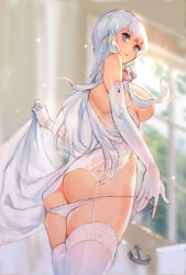 Rule 34 | 1girl, ass, azur lane, back, bare shoulders, blue eyes, breasts, butt crack, clothes lift, cowboy shot, dress, dress lift, elbow gloves, floating hair, from below, gloves, hair censor, highres, illustrious (azur lane), large breasts, lifting own clothes, long hair, looking at viewer, looking back, mole, mole under eye, no bra, panties, panty pull, silver hair, skindentation, solo, standing, swd3e2, thighhighs, underwear, very long hair, white dress, white gloves, white panties, white thighhighs