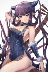 Rule 34 | 1girl, absurdres, arm behind head, bare shoulders, black dress, black footwear, blue eyes, blunt bangs, blush, breasts, china dress, chinese clothes, cleavage, closed mouth, detached sleeves, dress, fate/grand order, fate (series), flute, hair ornament, high heels, highres, instrument, large breasts, leaf hair ornament, long hair, looking at viewer, manichi, pipa (instrument), purple hair, sideboob, sidelocks, smile, solo, thighs, twintails, very long hair, yang guifei (fate), yang guifei (second ascension) (fate)