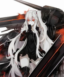 Rule 34 | 10s, 1girl, abyssal ship, aircraft carrier oni, armor, armored boots, boots, dress, gauntlets, highres, kantai collection, long hair, maki (maki pei), one side up, pale skin, panties, red eyes, sailor dress, school uniform, short dress, solo, thigh boots, thighhighs, turret, underwear, very long hair, white hair