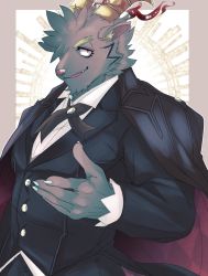Rule 34 | 1boy, animal ears, animal nose, bara, border, brown border, coat, coat on shoulders, collared shirt, cross tie, fingernails, forked eyebrows, formal, furry, furry male, goat boy, goat ears, goat horns, half-closed eyes, highres, horns, izm (izm rm7), lapels, long sleeves, male focus, mephistopheles (housamo), muscular, muscular male, open mouth, outside border, peaked lapels, sharp fingernails, shirt, short hair, smile, snout, solo, suit, thick eyebrows, tokyo houkago summoners, tusks, white shirt