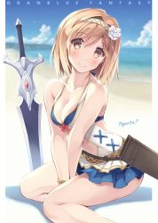 Rule 34 | 1girl, arms between legs, beach, belt, bird, blonde hair, blue sky, bracelet, breasts, brown eyes, casual one-piece swimsuit, character name, cleavage, clothing cutout, cloud, collarbone, copyright name, day, djeeta (granblue fantasy), djeeta (summer) (granblue fantasy), english text, flower, gem, granblue fantasy, hair flower, hair intakes, hair ornament, hairband, halterneck, head tilt, heart, highres, horizon, itoichi., jewelry, looking at viewer, md5 mismatch, medium breasts, navel cutout, ocean, one-piece swimsuit, outdoors, resolution mismatch, rose, sheath, short hair, sitting, sky, smile, solo, source larger, swimsuit, sword, v arms, water, weapon, white flower, white rose, yokozuwari