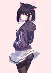 Rule 34 | 1girl, absurdres, animal ears, ass, black choker, black hair, black jacket, black skirt, blue archive, blunt bangs, blush, cat ears, choker, colored inner hair, cowboy shot, extra ears, from behind, hair ornament, hairclip, halo, hand in pocket, highres, hood, hood down, hooded jacket, hoodie, jacket, kazusa (blue archive), long sleeves, looking at viewer, looking back, multicolored hair, open mouth, panties, panties under pantyhose, pantyhose, pink hair, red eyes, school uniform, shiori (akasaka shiori), short hair, simple background, skirt, solo, standing, thighband pantyhose, two-tone hair, underwear, white panties, white skirt