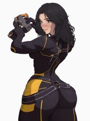 Rule 34 | 1girl, absurdres, ass, black bodysuit, black gloves, black hair, blue eyes, bodysuit, commission, commissioner upload, gloves, gun, highres, holding, holding gun, holding weapon, huge ass, lips, looking at viewer, mass effect (series), mass effect 2, miranda lawson, solo, weapon, white background, yoracrab