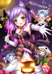 Rule 34 | &gt; &lt;, 1boy, 3girls, :d, = =, animal costume, animal ears, blue hair, blush, blush stickers, brown hair, candy, cat, cat ears, cat tail, chibi, closed eyes, dress, elbow gloves, eyepatch, fang, food, full moon, gloves, hair ornament, halloween, hat, highres, holding, jack-o&#039;-lantern, lollipop, long hair, moon, multiple girls, o o, open mouth, original, purple hair, shitou, short hair, smile, striped clothes, striped legwear, striped thighhighs, sweets, swirl lollipop, tail, thighhighs, twintails, wand, witch hat, yellow eyes