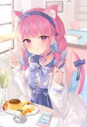 Rule 34 | 1girl, ahoge, anchor ornament, animal ear fluff, animal ears, blue hair, blush, bow, bowtie, braid, brooch, cat ears, cat tail, cellphone, cherry, choker, flower, food, frilled sailor collar, frills, fruit, hairband, high-waist skirt, highres, holding, holding spoon, hololive, indoors, jacket, jewelry, long sleeves, looking at viewer, minato aqua, minato aqua (sailor), multicolored hair, nail polish, orange (fruit), orange slice, phone, pink eyes, pink hair, pudding, ri yonn, ribbon choker, sailor collar, sitting, skirt, smartphone, smile, solo, spoon, strawberry, sunlight, tail, tongue, tongue out, twin braids, v, vase, virtual youtuber, whipped cream, window