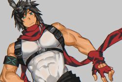 Rule 34 | 1boy, animal ears, arknights, bara, bare shoulders, blouse, blue eyes, blush, chest harness, courier (arknights), courier (elite ii) (arknights), covered abs, covered navel, fingerless gloves, fox ears, gloves, goggles, goggles on head, grey background, harness, highres, large pectorals, male focus, muscular, pectorals, red scarf, sagami jon, scarf, shirt, short hair, sleeveless, sleeveless shirt, solo, tight clothes, upper body