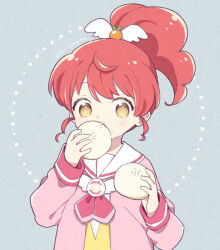 Rule 34 | 1girl, baozi, collared shirt, commentary request, eating, food, food-themed hair ornament, grey background, hair ornament, hands up, holding, holding food, jacket, long hair, long sleeves, neckerchief, orange hair ornament, paprika private academy school uniform, pink jacket, pink neckerchief, ponytail, pretty series, pretty series, pripara, red hair, sailor collar, school uniform, shiratama mikan, shirt, solo, terayamaden, upper body, white sailor collar, white shirt, wing hair ornament, yellow eyes