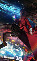 Rule 34 | 1girl, alterab, black skirt, black thighhighs, brown thighhighs, cityscape, coat, fate/grand order, fate/stay night, fate (series), floating hair, full moon, highres, long hair, looking away, magic circle, magic circuit, moon, night, night sky, parody, parted lips, red coat, saint quartz (fate), shoes, skirt, sky, solo, sparkle, summoning, thighhighs, tohsaka rin, two side up, wind, zettai ryouiki