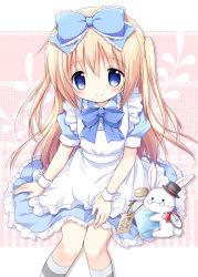 Rule 34 | 1girl, alice (alice in wonderland), alice in wonderland, animal, apron, black hat, blonde hair, blue bow, blue dress, blue eyes, blush, bottle, bow, closed mouth, collared dress, commentary request, dress, drink me, frilled apron, frilled bow, frilled dress, frills, hair between eyes, hair bow, hat, kneehighs, long hair, maid apron, mini hat, mini top hat, nanase miori, pocket watch, puffy short sleeves, puffy sleeves, rabbit, red bow, short sleeves, sitting, smile, socks, striped clothes, striped socks, striped thighhighs, thighhighs, tilted headwear, top hat, two side up, very long hair, watch, white apron, white rabbit (alice in wonderland), wrist cuffs