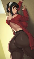 Rule 34 | 1girl, absurdres, against wall, ass, back, black hair, blush, breasts, dangle earrings, earrings, hairband, highres, huge ass, jewelry, large breasts, light blush, looking at viewer, looking back, panties, panties under pantyhose, pantyhose, red sweater, riz, solo, spy x family, sweater, thong, underwear, yor briar