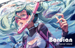 Rule 34 | 1girl, blue eyes, blue hair, bodysuit, breasts, bubble, chinese commentary, cleavage, cleavage cutout, clothing cutout, commentary, diving mask, diving suit, fish, floating hair, goggles, hatsune miku, highres, instrument, long hair, maple (maplehy), medium breasts, solo, tuba, twintails, underwater, upper body, vocaloid, wetsuit