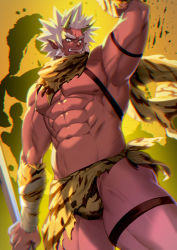 Rule 34 | 1boy, abs, armband, armpits, bara, beard, bulge, colored skin, facial hair, fangs, highres, horns, large pectorals, legband, legs, loincloth, looking at viewer, male focus, mature male, muscular, muscular male, navel, nipples, oni, original, pectorals, pointy ears, red skin, scar, scar on face, scarf, solo, spiked hair, thick thighs, thighs, veins, waku (ayamix), white hair