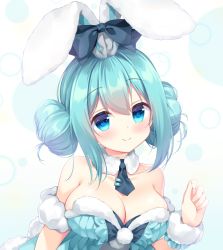 Rule 34 | 1girl, animal ears, aqua hair, bare shoulders, bicute bunnies miku, black bow, blue eyes, blush, bow, breasts, circle, collarbone, detached collar, detached sleeves, double bun, ear ribbon, fake animal ears, hair bun, hand up, hatsune miku, ikataruto, large breasts, looking at viewer, medium breasts, necktie, pom pom (clothes), rabbit ears, sidelocks, smile, solo, strapless, tie clip, upper body, vocaloid, white background, wrist cuffs