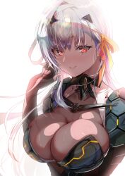 Rule 34 | 1girl, absurdres, arm up, armor, armored bodysuit, bandaged head, bandages, black gloves, bodysuit, breasts, brown bodysuit, cleavage, collarbone, fingerless gloves, gloves, goddess of victory: nikke, grey hair, hair behind ear, hair ornament, hair ribbon, highres, large breasts, light, light blush, long hair, looking at viewer, mecha musume, modernia (nikke), red eyes, ribbon, see-through, see-through cleavage, shoulder armor, simple background, single sidelock, smile, solo, upper body, velceed, yellow ribbon