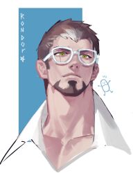 Rule 34 | 1boy, adam&#039;s apple, ardbert hylfyst, bara, bespectacled, blending, brown hair, cropped head, doodle inset, final fantasy, final fantasy xiv, glasses, green eyes, highres, hyur, looking ahead, male focus, mature male, neck focus, pectoral cleavage, pectorals, rondor, scar, scar across eye, shirt, short hair, solo, thick eyebrows, thick neck, white-framed eyewear
