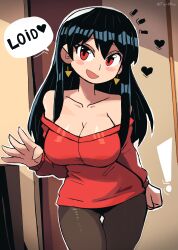 Rule 34 | !, 1girl, absurdres, black hair, blush, breasts, cleavage, collarbone, detached hair, earrings, heart, highres, indoors, jewelry, large breasts, long hair, long sleeves, looking at viewer, off shoulder, open mouth, pantyhose, red eyes, red sweater, smile, solo, speech bubble, spy x family, sweater, tony welt, yor briar