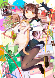 Rule 34 | 1girl, absurdres, animal, animal ears, black cat, black footwear, black pantyhose, black sailor collar, black skirt, blunt bangs, bow, brown hair, cage, cat, cat ears, cattail, commentary request, confetti, fake animal ears, full body, highres, holding, holding animal, holding cat, jumping, long hair, long sleeves, looking at viewer, mikazuki akira!, mouse (animal), open mouth, orange eyes, original, pantyhose, pink bow, plant, red bow, sailor collar, school uniform, serafuku, shirt, skirt, smile, solo, stairs, teeth, white shirt