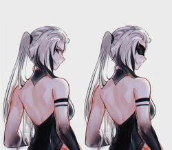 Rule 34 | 1girl, alternate hairstyle, aoiabyss, arlecchino (genshin impact), backless outfit, bare back, bare shoulders, black hair, commentary request, eye mask, from behind, genshin impact, grey background, grey hair, highres, long hair, looking at viewer, multicolored hair, multiple views, parted lips, ponytail, simple background, streaked hair, upper body, very long hair