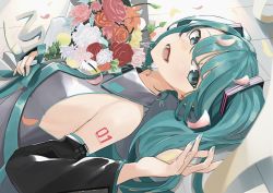 Rule 34 | absurdres, aqua eyes, aqua hair, aqua nails, aqua necktie, bare shoulders, black sleeves, bouquet, commentary, detached sleeves, flower, grey shirt, hair ornament, hatsune miku, highres, holding, holding bouquet, holding petal, huge filesize, leaf, long hair, looking at viewer, lying, nail polish, necktie, on back, open mouth, orange flower, orange rose, petals, pink flower, pink rose, red flower, red rose, rose, shirt, shoulder tattoo, smile, solo, t-one, tattoo, tile floor, tiles, twintails, upper body, very long hair, vocaloid, white flower, white rose, yellow flower, yellow rose