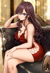 Rule 34 | 1girl, :3, ahoge, artist logo, blue eyes, blush, breasts, brown hair, cleavage, closed mouth, collarbone, couch, crossed legs, dress, earrings, hair between eyes, hand on own thigh, heart, heart earrings, highres, ichinose shiki, idolmaster, idolmaster cinderella girls, indoors, infinote, jewelry, large breasts, legs, lips, long hair, looking at viewer, nail polish, no panties, red dress, red nails, short dress, signature, sitting, smile, solo, thick thighs, thighs, wavy hair