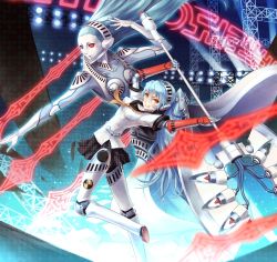 Rule 34 | 1girl, android, ariadne (megami tensei), atlus, axe, blue hair, daizo, futsuka (dzone), grin, highres, labrys (persona), long hair, looking at viewer, persona, persona 4: the ultimate in mayonaka arena, ponytail, red eyes, school uniform, smile, weapon