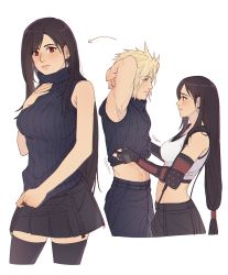 Rule 34 | 1boy, 1girl, abs, bare shoulders, black hair, black skirt, black thighhighs, blonde hair, blue eyes, blush, breasts, cloud strife, couple, crop top, detached sleeves, earrings, final fantasy, final fantasy vii, final fantasy vii remake, fingerless gloves, gloves, highres, jewelry, large breasts, long hair, low-tied long hair, midriff, pudelmudel, red eyes, skirt, sleeveless, sleeveless turtleneck, spiked hair, suspender skirt, suspenders, tank top, thighhighs, tifa lockhart, turtleneck, undressing, white background, zettai ryouiki