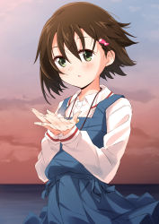 Rule 34 | 1girl, absurdres, blue dress, blush, brown hair, collared shirt, commentary request, dress, dress shirt, fingernails, green eyes, hair between eyes, hair ornament, hands up, highres, isurugi noe, long sleeves, mousou (mousou temporary), parted lips, pinafore dress, pleated dress, shirt, short hair, sleeveless, sleeveless dress, solo, true tears, white shirt