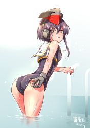 Rule 34 | 1girl, adjusting clothes, adjusting swimsuit, artist name, ass, asymmetrical hair, bad id, bad twitter id, black gloves, black hair, black one-piece swimsuit, brown eyes, cowboy shot, framed breasts, from behind, gloves, hair between eyes, hat, headphones, i-13 (kancolle), kantai collection, looking at viewer, looking back, one-piece swimsuit, partially fingerless gloves, sailor collar, school swimsuit, short hair, shungikuten, single glove, solo, swimsuit, swimsuit under clothes, tsurime, wading, water