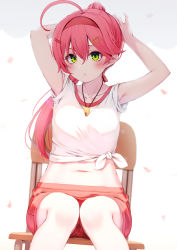 Rule 34 | 1girl, absurdres, ahoge, arms up, bare arms, blush, feet out of frame, green eyes, hair between eyes, hairband, highres, hololive, knees together feet apart, long hair, looking at viewer, nyan (reinyan 007), on chair, parted lips, pink hair, pink shorts, ponytail, sakura miko, shirt, shorts, sitting, sleeveless, sleeveless shirt, solo, tied shirt, virtual youtuber, whistle, whistle around neck, white shirt