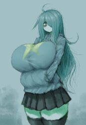 Rule 34 | 1girl, 2b-ge, ahoge, bags under eyes, black thighhighs, breasts, expressionless, female focus, green theme, grey background, hair over one eye, hands in pockets, highres, huge breasts, limited palette, long hair, looking at viewer, mei (2b-ge), miniskirt, original, skirt, star (symbol), sweater, thighhighs, zettai ryouiki