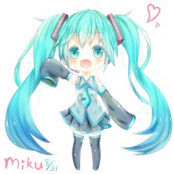 Rule 34 | 1girl, ai (sigatutoukaa), aqua eyes, aqua hair, arm up, blush, character name, chibi, dated, detached sleeves, hatsune miku, headset, long hair, necktie, open mouth, skirt, sleeves past wrists, solo, thighhighs, twintails, very long hair, vocaloid, white background